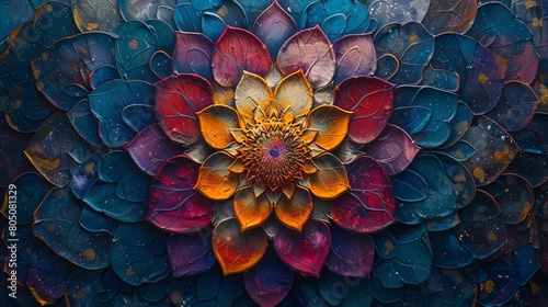 Bring the beauty of a traditional oil painting to life with a rear view mandala, showcasing rich texture and depth, enhancing the meditative and spiritual essence photo
