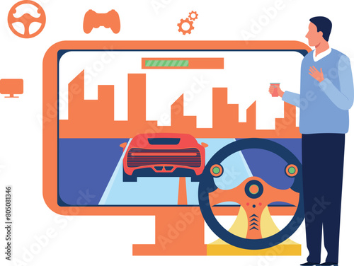 Boy playing racing game on monitor.