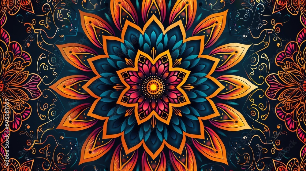 Capture the intricate details of a mesmerizing mandala in a digital vector art style, highlighting the symmetry and complexity from a rear perspective Capture the intricate details of a mesmerizing mandala in a digital vector art style, highlighting the symmetry and complexity from a rear perspective