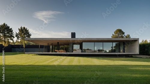 minimalist modern house with a large lawn and a tree in the foreground © Halloway