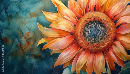 Capture the mesmerizing beauty of a spiraling sunflower using a watercolor medium Show intricate details with vibrant hues in a Fibonacci spiral photo