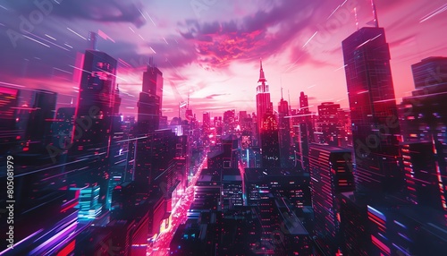 Challenge perspective and captivate viewers with a surreal worms-eye view anamorphic art piece depicting a futuristic cityscape, digitally rendered in glitch art style for a modern and edgy twist photo