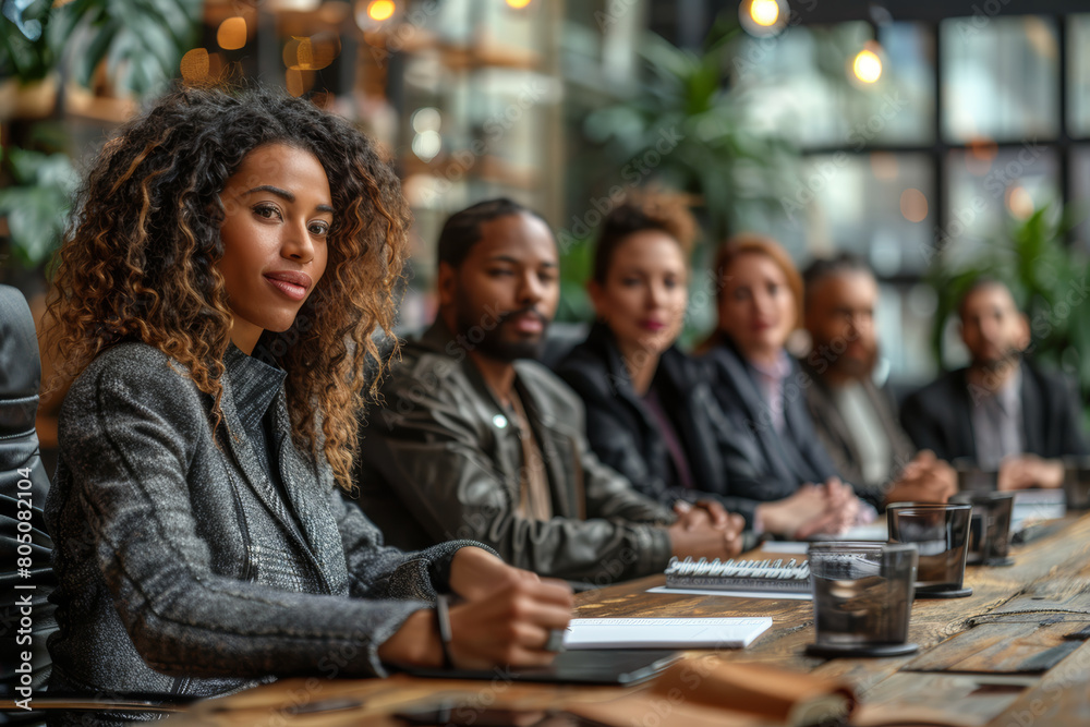 Obraz premium A corporate boardroom meeting with a diverse group of professionals including different races, ages, and physical abilities.. AI generated.