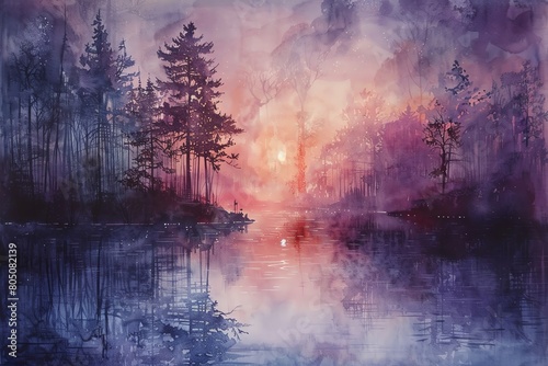Craft a traditional art piece using watercolor, depicting a side view scene illuminated by infrared light Infuse the painting with dreamlike hues and subtle gradations to convey a sense of serenity an