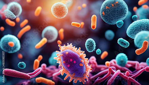 Vibrant illustration of microbiota including bacteria, fungi, protozoa, and viruses coexisting photo