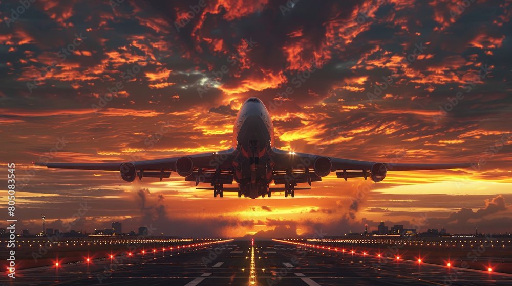 Commercial Airplane Taking Off from Runway Against Dramatic Fiery Sunset Sky