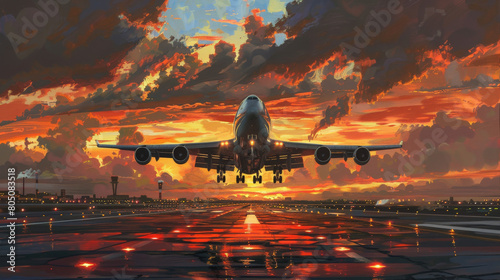 Commercial Airplane Taking Off from Runway Against Dramatic Fiery Sunset Sky