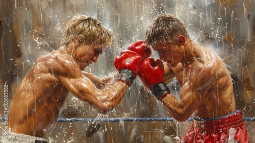 Produce a depiction of a boxer landing a powerful punch on their opponent in the boxing ring. photo