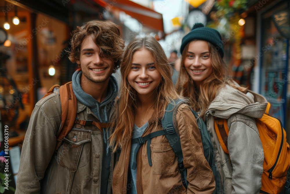 Young adults exploring a local historical town on foot, enjoying the architecture and street vibes. AI generated. Young adults exploring a local historical town on foot, enjoying the architecture and street vibes. AI generated.