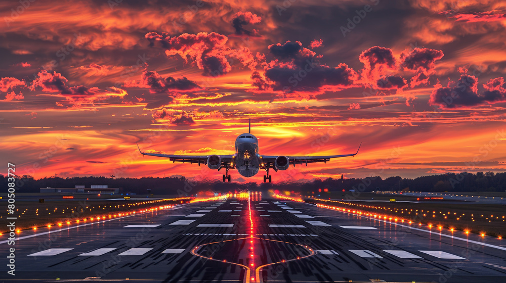 Commercial Airplane Taking Off from Runway Against Dramatic Fiery Sunset Sky