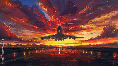 Commercial Airplane Taking Off from Runway Against Dramatic Fiery Sunset Sky