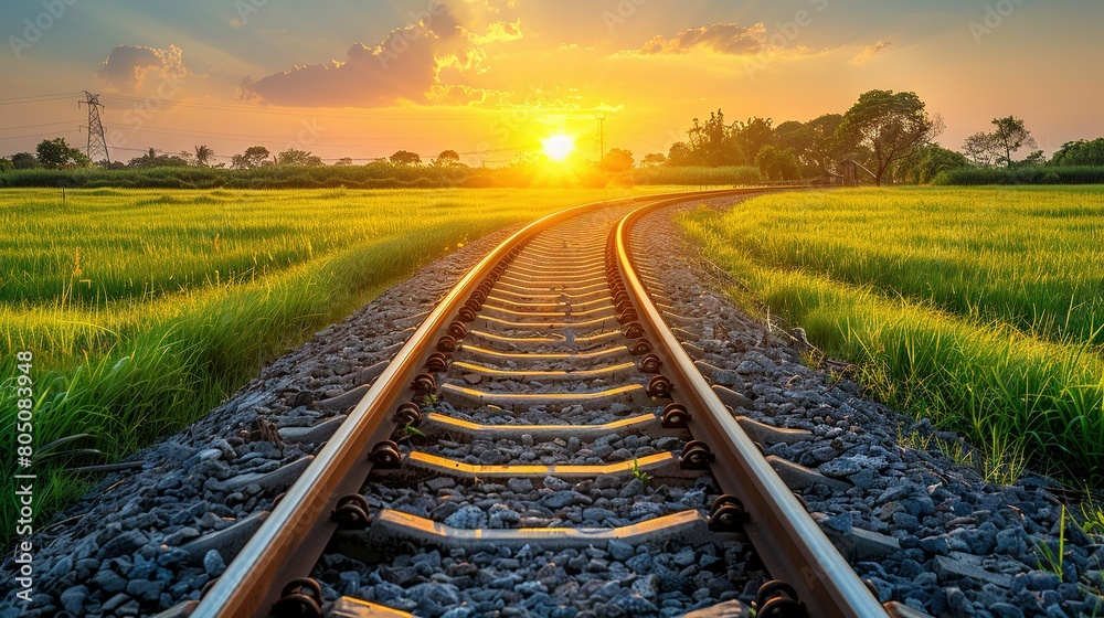 Train track with sunset over field of grass and train track Train track with sunset over field of grass and train track