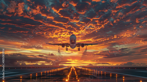 Commercial Airplane Taking Off from Runway Against Dramatic Fiery Sunset Sky