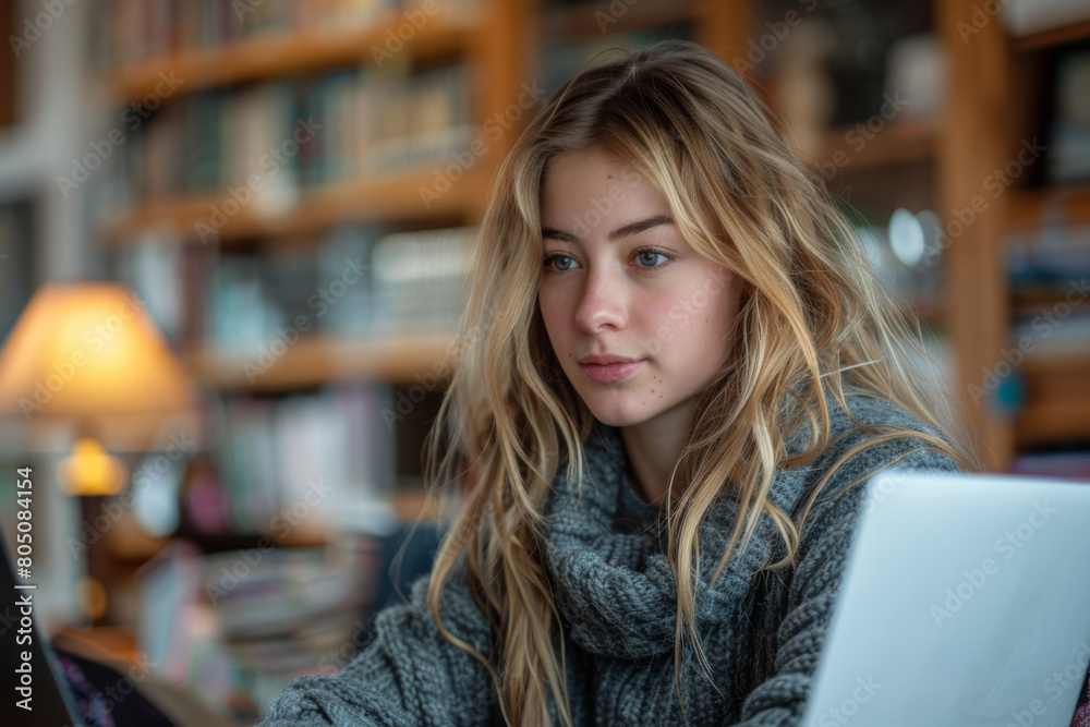 A high school student engaging in an online class through her laptop at home.. AI generated. A high school student engaging in an online class through her laptop at home.. AI generated.