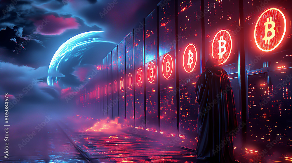 bitcoin mining concept with the moon at above,