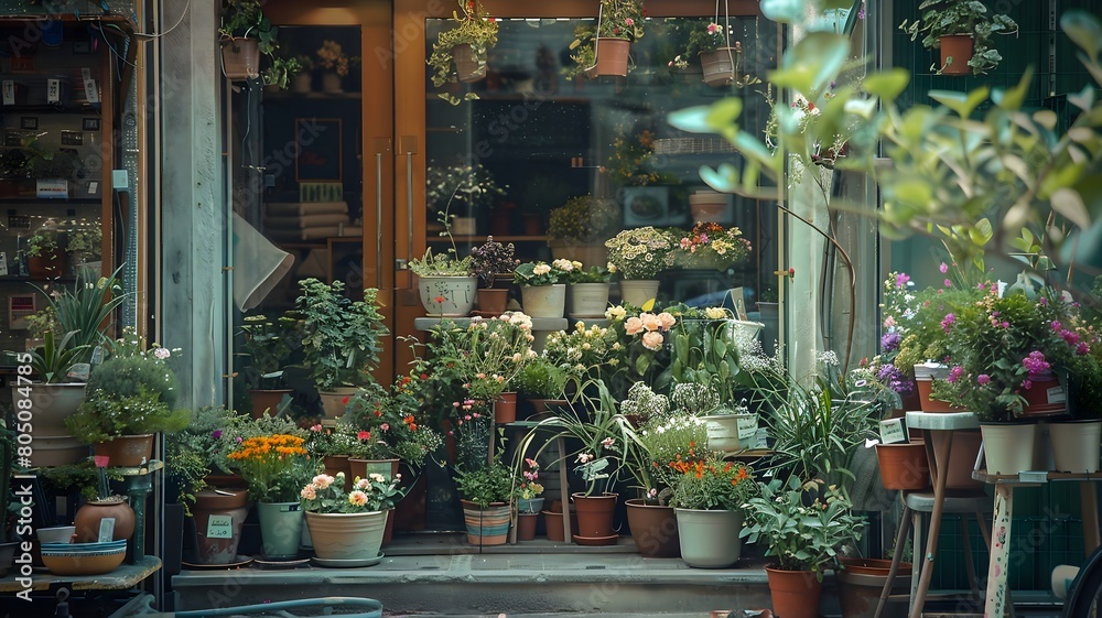  A quaint flower shop window display showcasing an array of potted plants and floral arrangements, evoking the essence of spring. 
