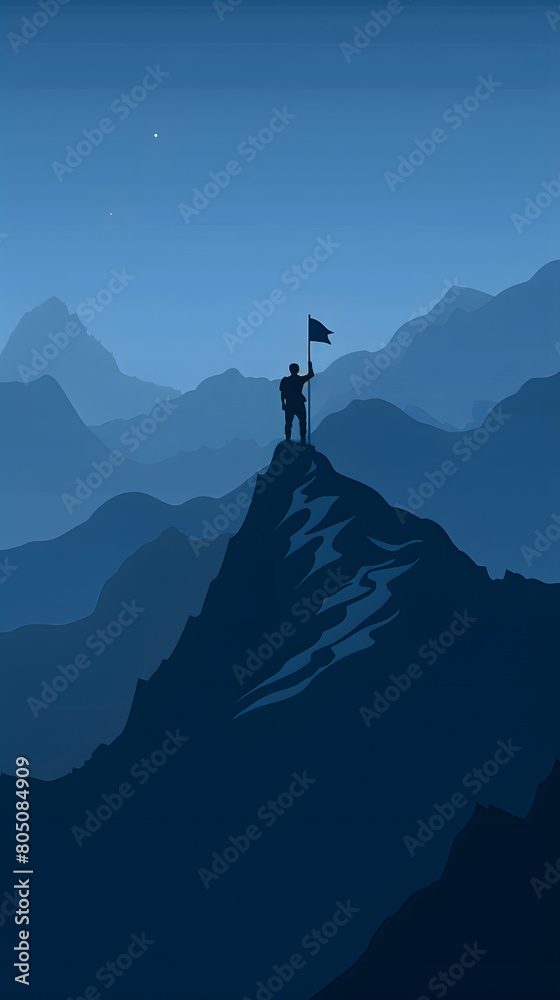  a man standing on the top of a mountain and holding a flag in his hand