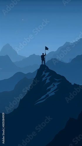  a man standing on the top of a mountain and holding a flag in his hand © john