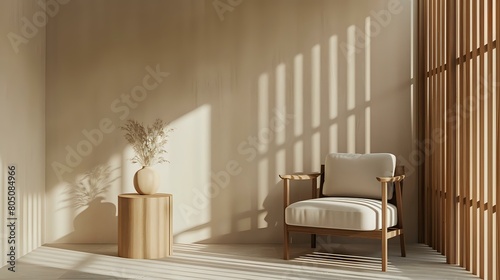 Room interior mock up in beige tones with wooden chair and wood panel