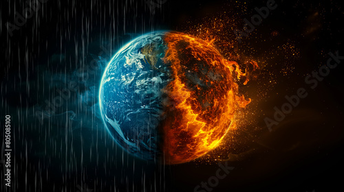 Earth divided into the right half is hot, the left half is rainy on a black background, Eastern Tropical Pacific Ocean, La Nina, El Nino
