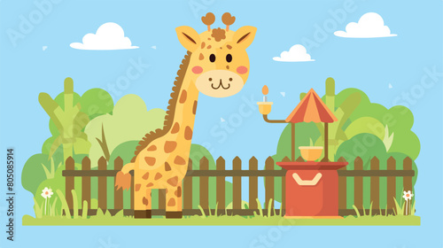 Cute giraffe near feeder in zoological garden Vector