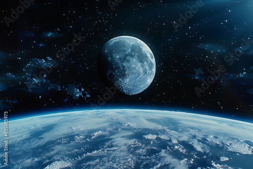 An enchanting view of the moon rising over the Earth  with the distant planet s blue and white hues contrasting against the dark expanse of space.