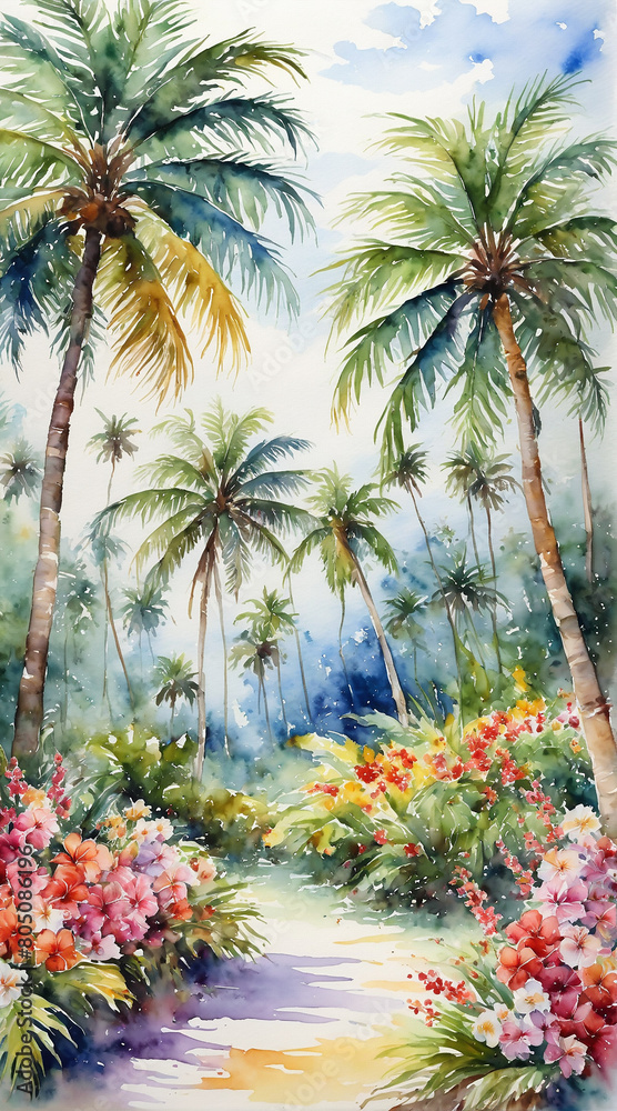 Tropical coconut palm trees surrounded by beautiful flowers blossom on both side of walkway, vertical watercolor painting style, generative AI. Tropical coconut palm trees surrounded by beautiful flowers blossom on both side of walkway, vertical watercolor painting style, generative AI.