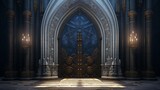 A grand cathedral door with towering height and intricate stained glass panels, inspiring awe and reverence