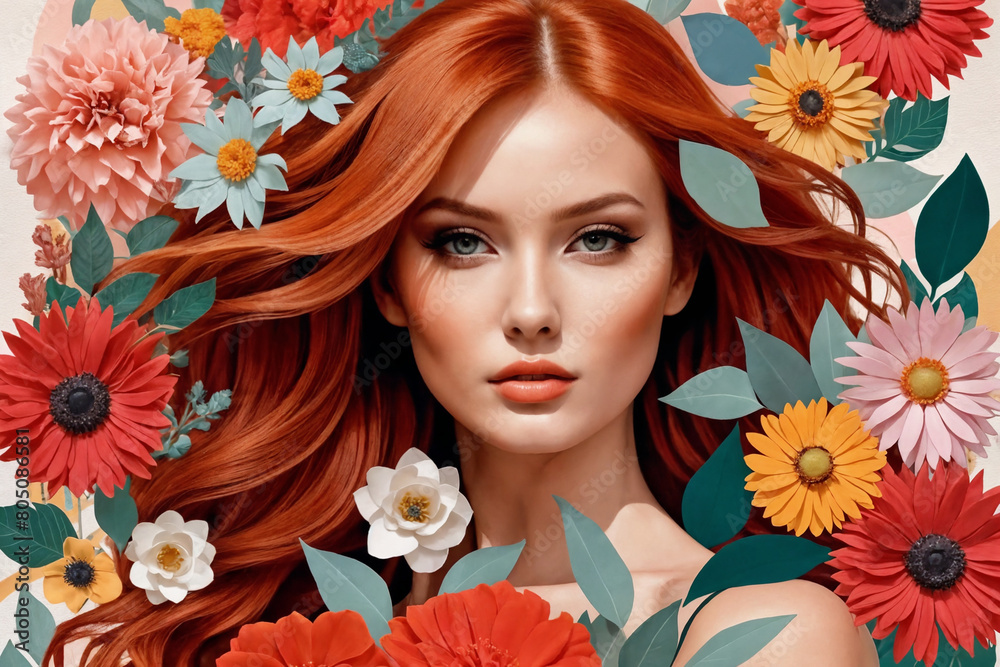 Contemporary art collage. Beautiful young girl and red yellow flowers isolated on light background. Modern artwork.