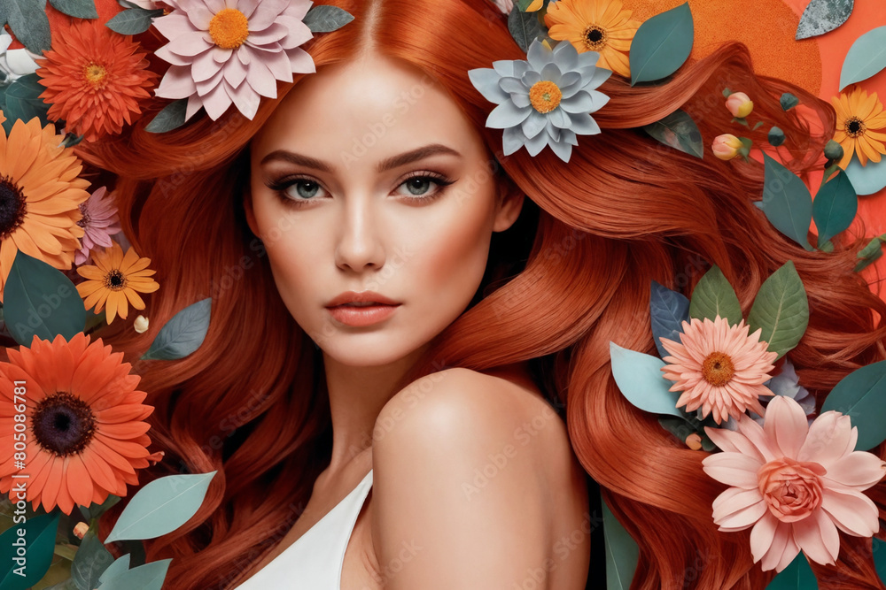 Contemporary art collage. Beautiful young girl and red yellow flowers isolated on light background. Modern artwork. Contemporary art collage. Beautiful young girl and red yellow flowers isolated on light background. Modern artwork.