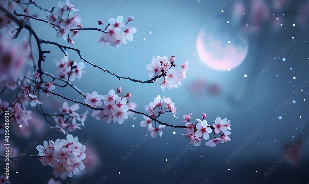 Cherry blossoms captured under the moonlight, Generative AI Cherry blossoms captured under the moonlight, Generative AI