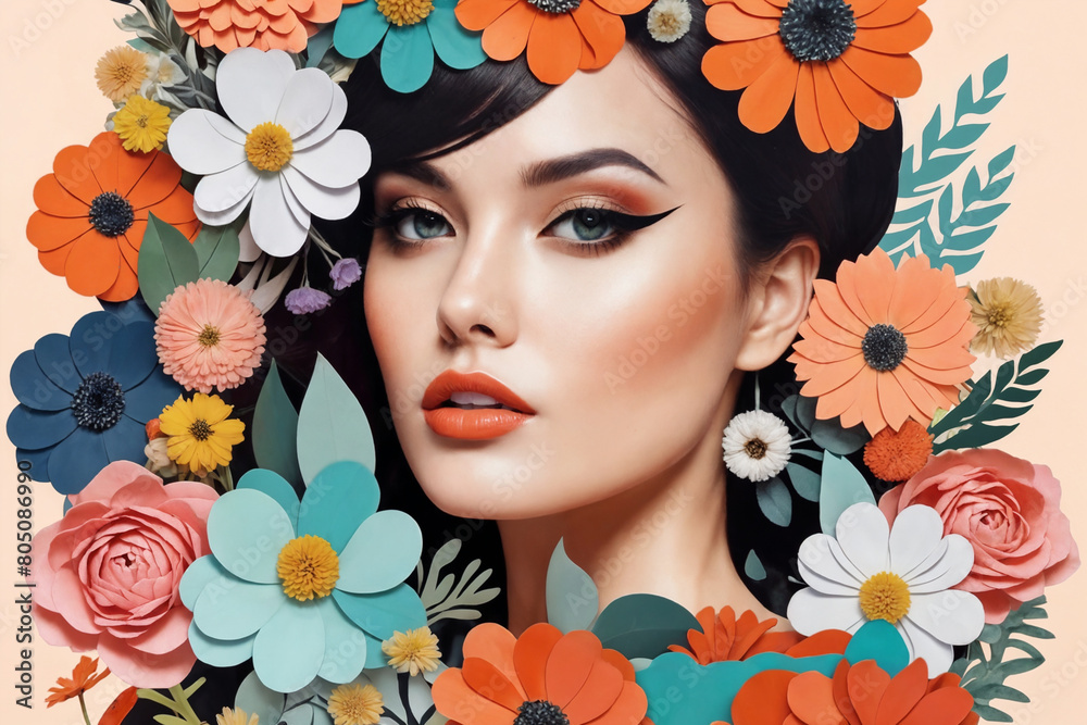 Contemporary art collage. Beautiful young girl and red yellow flowers isolated on light background. Modern artwork. Contemporary art collage. Beautiful young girl and red yellow flowers isolated on light background. Modern artwork.