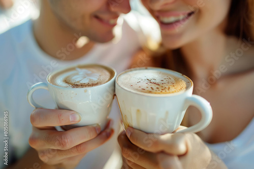 Couple is having breakfast in summer cafe. Man and woman holding cups of coffee photo