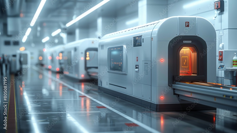 An immersive 3D visualization of a scanner machine scanning luggage at an airport security checkpoint, highlighting the precision and efficiency An immersive 3D visualization of a scanner machine scanning luggage at an airport security checkpoint, highlighting the precision and efficiency