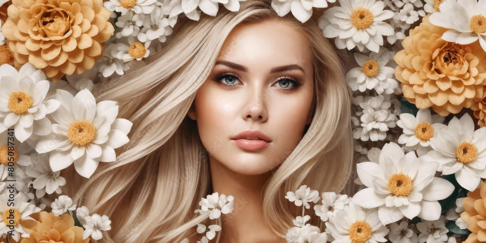 Contemporary art collage. Beautiful young girl and red yellow flowers isolated on light background. Modern artwork. Contemporary art collage. Beautiful young girl and red yellow flowers isolated on light background. Modern artwork.