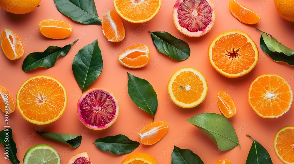 Juicy citrus fruits on a plain background. A tasty and refreshing diet selection.