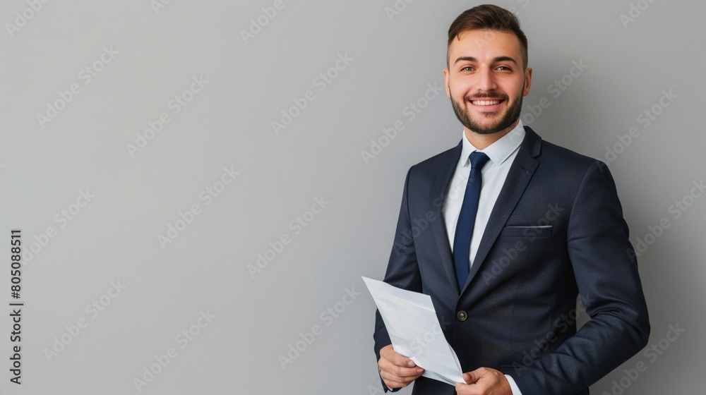 Professional insurance salesman in a suit standing against a light grey background offering documents Professional insurance salesman in a suit standing against a light grey background offering documents