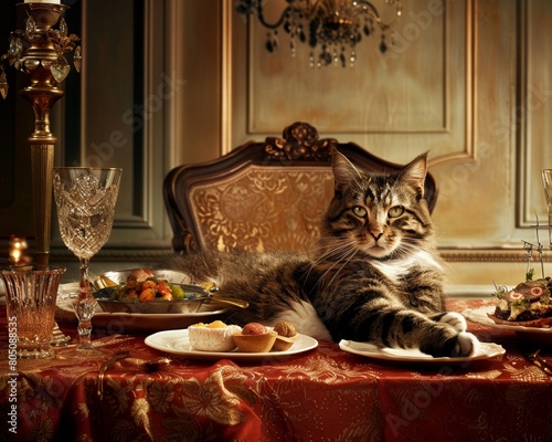 Sophisticated feline seated with fine dining dishes in an opulent dining room photo