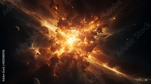 Abstract cosmos background showcases an interstellar catastrophe. A awesome star shines amidst the black space energy.