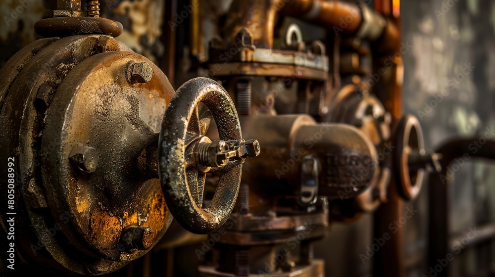 Close-up of a steam valve on a boiler, high detail, rusty texture, moody lighting, factory environment. Close-up of a steam valve on a boiler, high detail, rusty texture, moody lighting, factory environment.