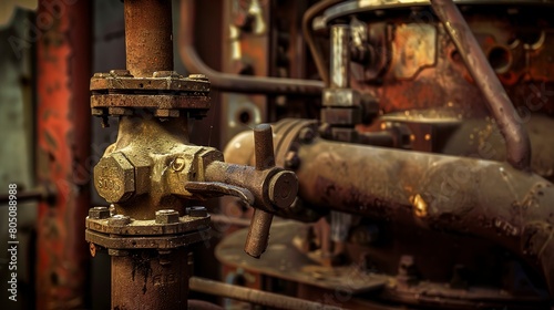 Close-up of a steam valve on a boiler, high detail, rusty texture, moody lighting, factory environment. 