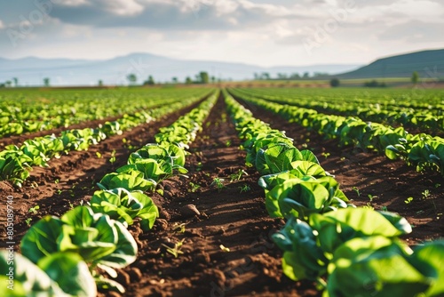 Rows of green lettuce growing in a field 