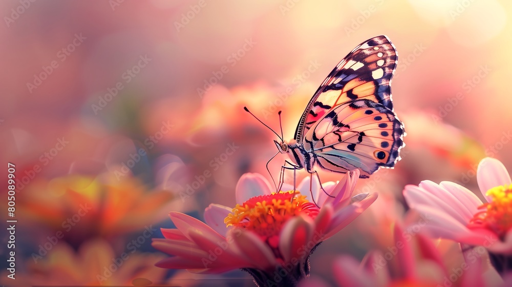 Butterflies clinging to flowers in a gentle pink theme.