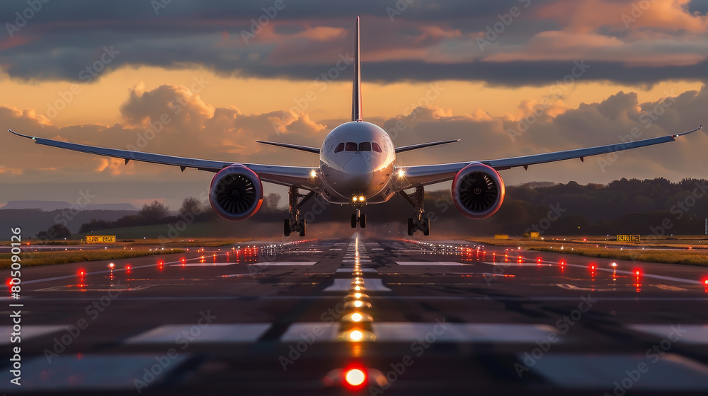 Majestic Commercial Airplane Ascending During Early Morning with Misty Dawn Light Reflecting on Runway