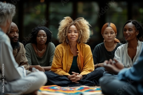 Group therapy session showing diverse individuals sitting in a circle  sharing and listening. AI generated.