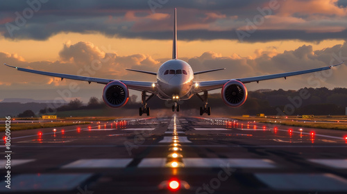 Majestic Commercial Airplane Ascending During Early Morning with Misty Dawn Light Reflecting on Runway