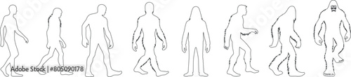 Bigfoot line art, bigfoot outline vector illustration, evolution sequence, modern design, black and white, mythical creature, folklore legend, cryptozoology, digital artwork