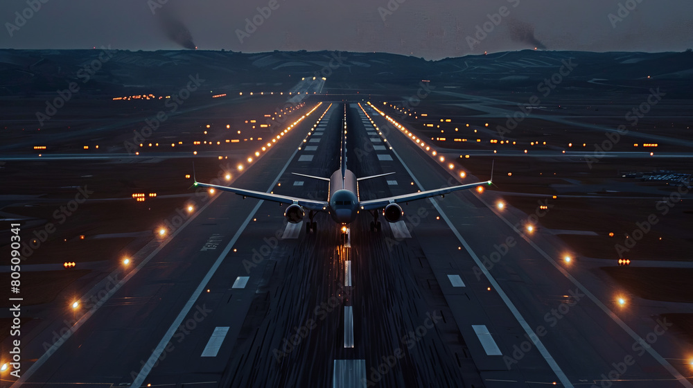 Majestic Commercial Airplane Ascending During Early Morning with Misty Dawn Light Reflecting on Runway