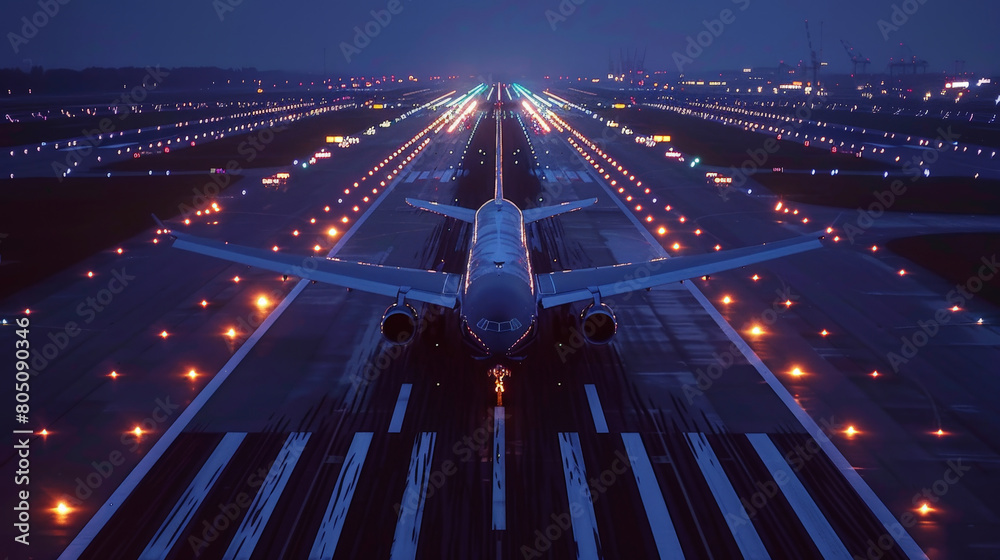 Majestic Commercial Airplane Ascending During Early Morning with Misty Dawn Light Reflecting on Runway