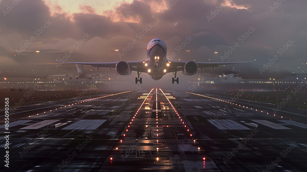Majestic Commercial Airplane Ascending During Early Morning with Misty Dawn Light Reflecting on Runway